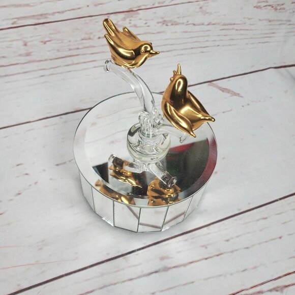 Gold-Tone Bird Figurines on Mirrored Rotating Base | Elegant Decorative Piece - Picture 9 of 12